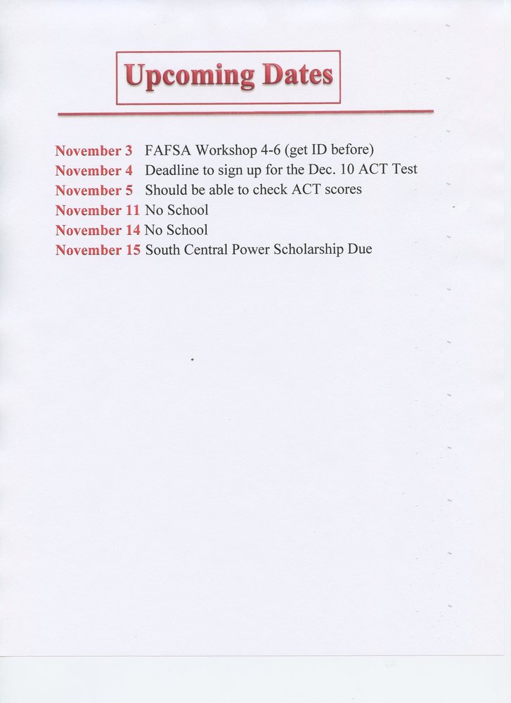 Upcoming Dates from Mrs. Schuler